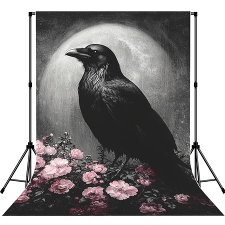 Crow Raven Flowers Full Moon Black Photography Backdrop 5x7Ft Background for Photo Studio Video Recording Birthday Party Wedding Home Decor