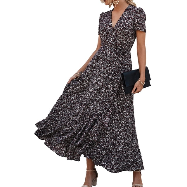 Vestido PRETTYGARDEN Envolvente Maxi Cuello en V Manga Corta Floral Talla L