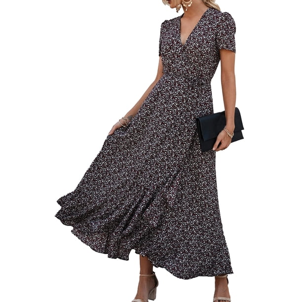 Vestido PRETTYGARDEN Maxi Cruzado Floral Cuello en V Manga Corta S
