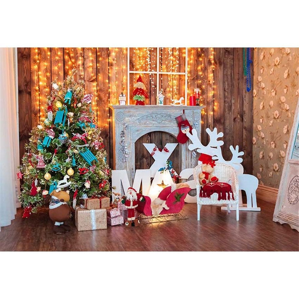 7x5ft Christmas Backdrop Indoor Glitter Golden Dot Cute Toys with Santa Photo Background Wooden Floor Kids Xmas Pictures