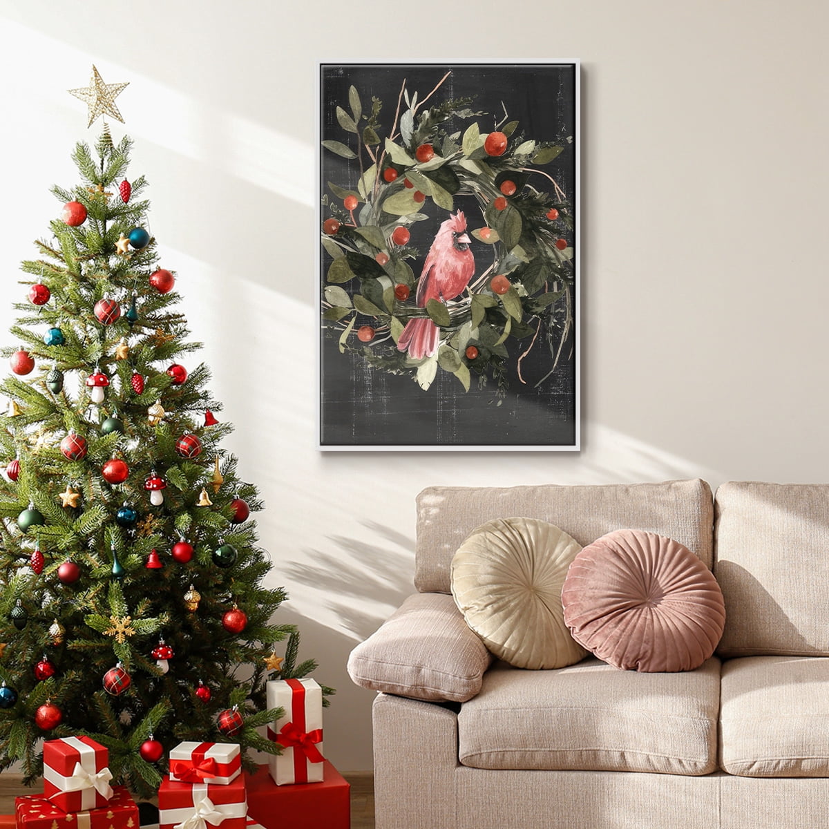 Christmas Cardinal II - Framed Gallery Wrapped Holiday Canvas - 27 x 41 - White Frame