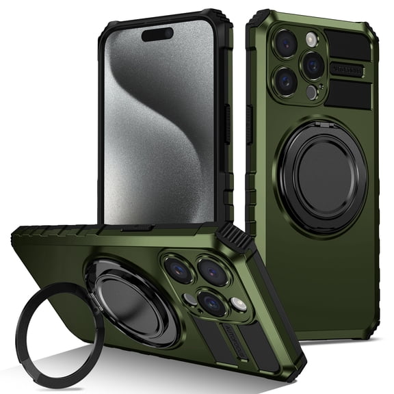 for iPhone 16 Pro Max Case Military Drop Protection with 360°Rotatable Ring Holder Kickstand [Support Magnetic Car Mount] Full Body Hybrid Hard PC Soft Rubber Shockproof Rugged Case,Darkgreen