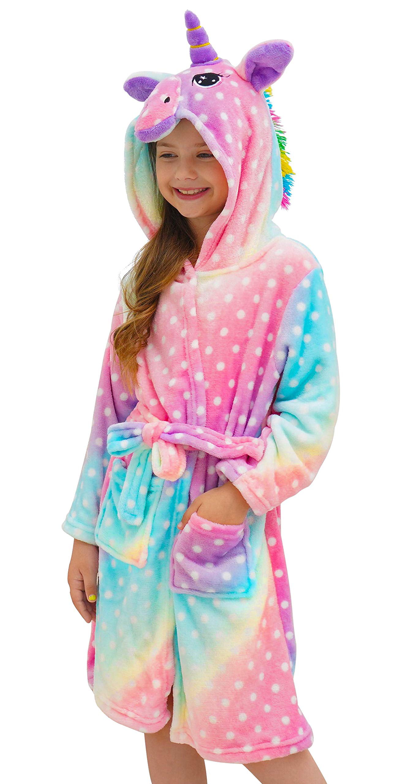 Doctor Unicorn Soft Unicorn Hooded Star Dots Bathrobe Sleepwear Matching Doll & Girls 