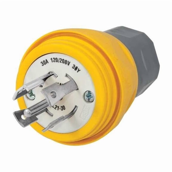 Watertight Locking Plug, L21-30P, 30 A, 120/208V AC, Three Phase, 4 Pole, Screw Terminals, Yellow