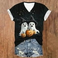 thumbnail image 4 of jobturf Halloween Shirts for Women V-Neck Short Sleeve Tee Tops Cute Fall Ghost Pumpkin Graphic Blouses Retro Vintage Festival T Shirt, 4 of 5