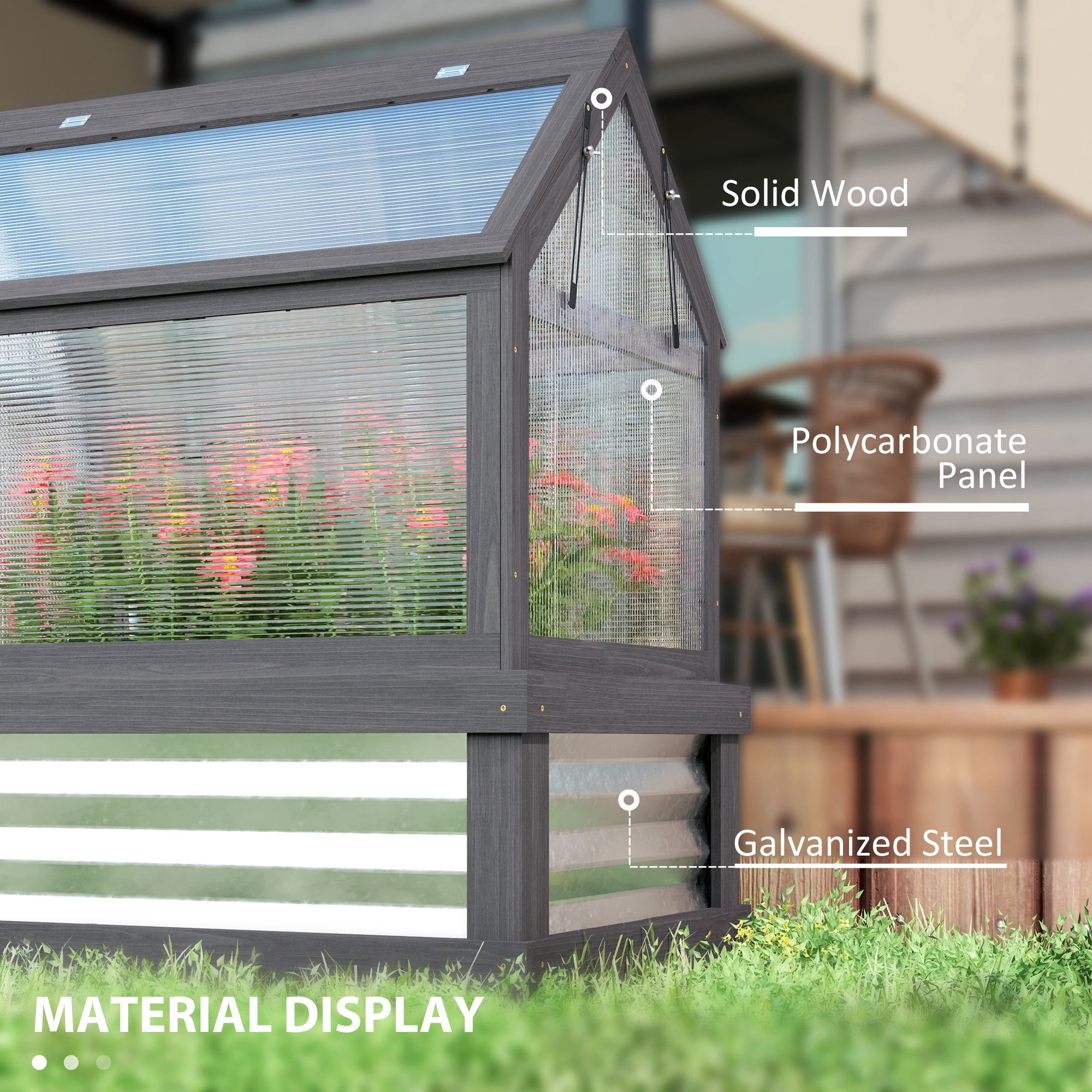 Outsunny Raised Garden Bed with Polycarbonate Greenhouse, Wooden Cold Frame Greenhouse, Garden Flower Planter Protection, 35.5"x22.5"x38.25", Gray