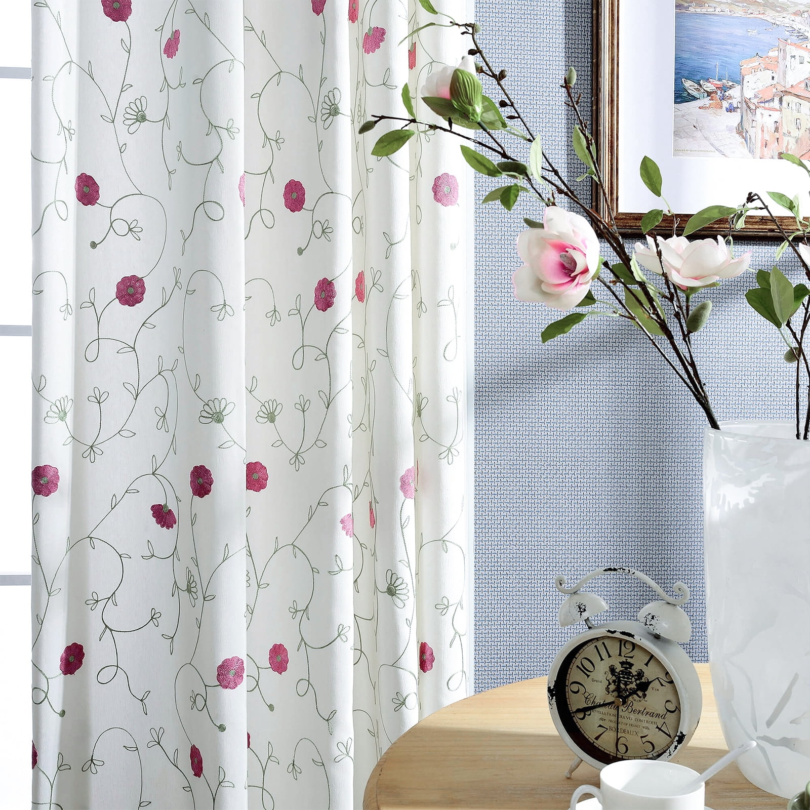 VOGOL Red Floral Pattern Embroidered Curtains, Light Filtering Elegant Faux Linen Drapes for Bedroom, Grommet, W52"xL84", 2 Panels