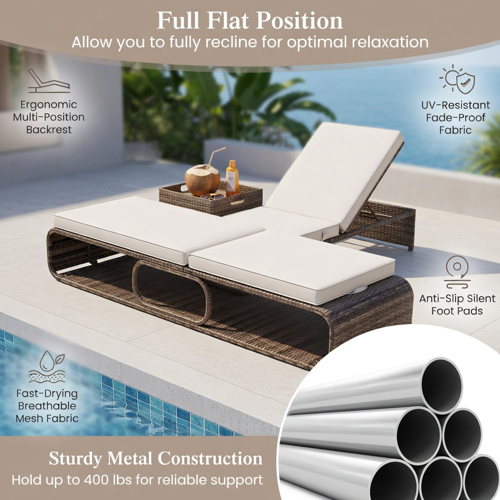 Hommoo 7-Position Adjustable PE Rattan Outdoor Chaise Lounge Chair with Removable Cushion, for Patio, Poolside & Backyard, White