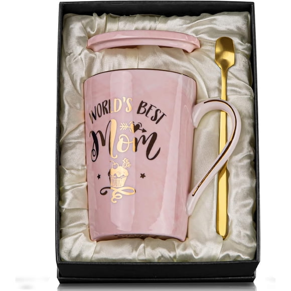 Mothers Day Gifts for Mom - Worlds Best Mom Mug - Mom Birthday Gifts from Daughter Son Kids - Unique Birthday Gifts Ideas for Mom, Wife, Mother - Ceramic Marble Coffee Mug Gifts Printed Gold 14oz Pink