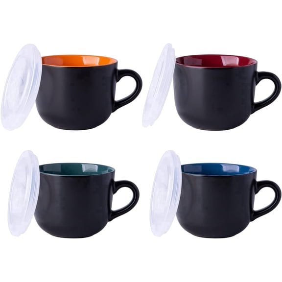 AmorArc Ceramic Soup Mugs with Lid, 24 oz Soup Cups with Hanlde for Coffee,Cereal,Salad,Noodles,Tea,Soup Bowls Cups,Microwave &Dishwasher Safe, Set of 4, Multi-color with Vented lid