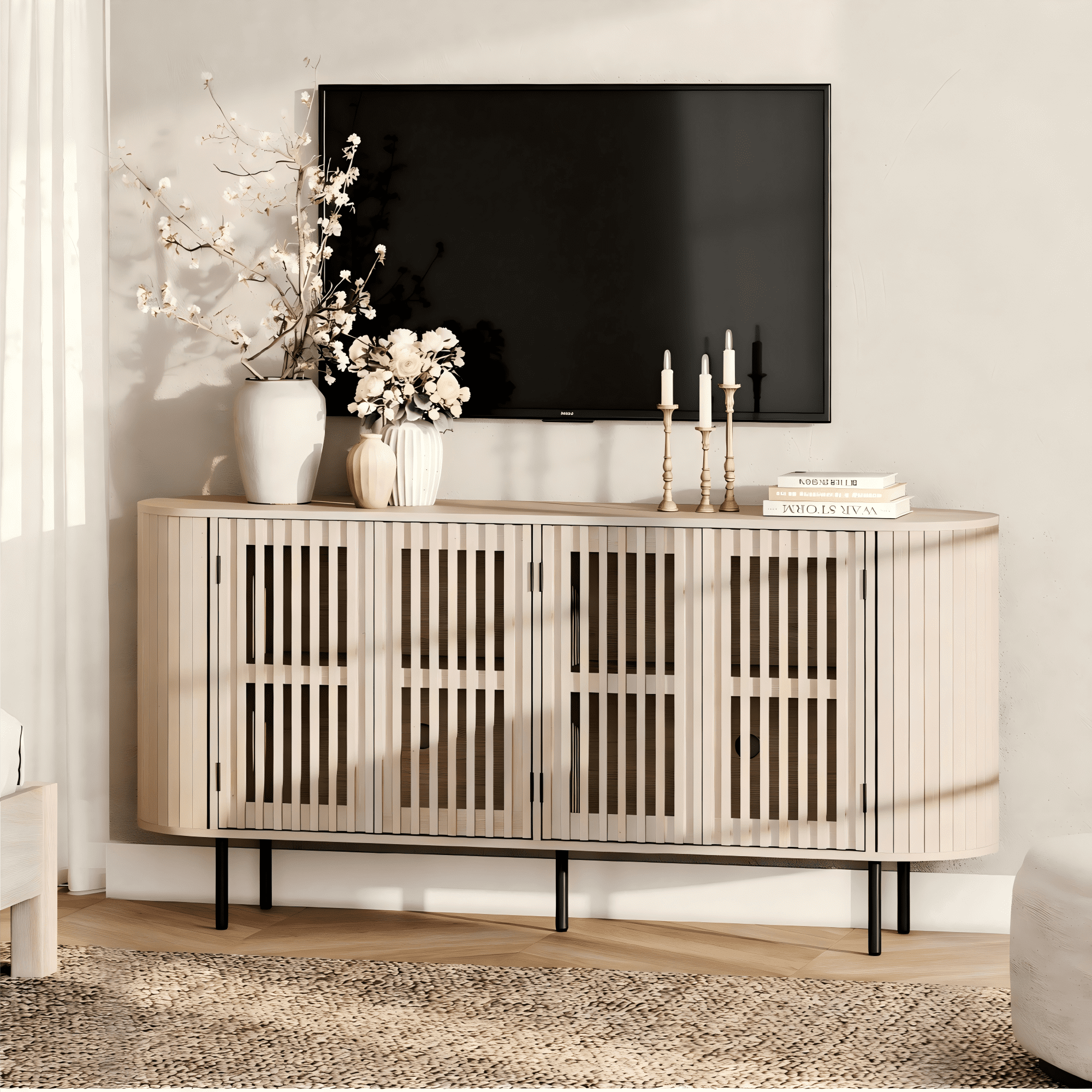 WAMPAT Modern Sideboard Buffet Cabinet with Storage, Wooden Accent Storage Cabinet with 4 Fluted Doors, Credenza with Curved Design for Dining Room, Living Room, Kitchen, Natural