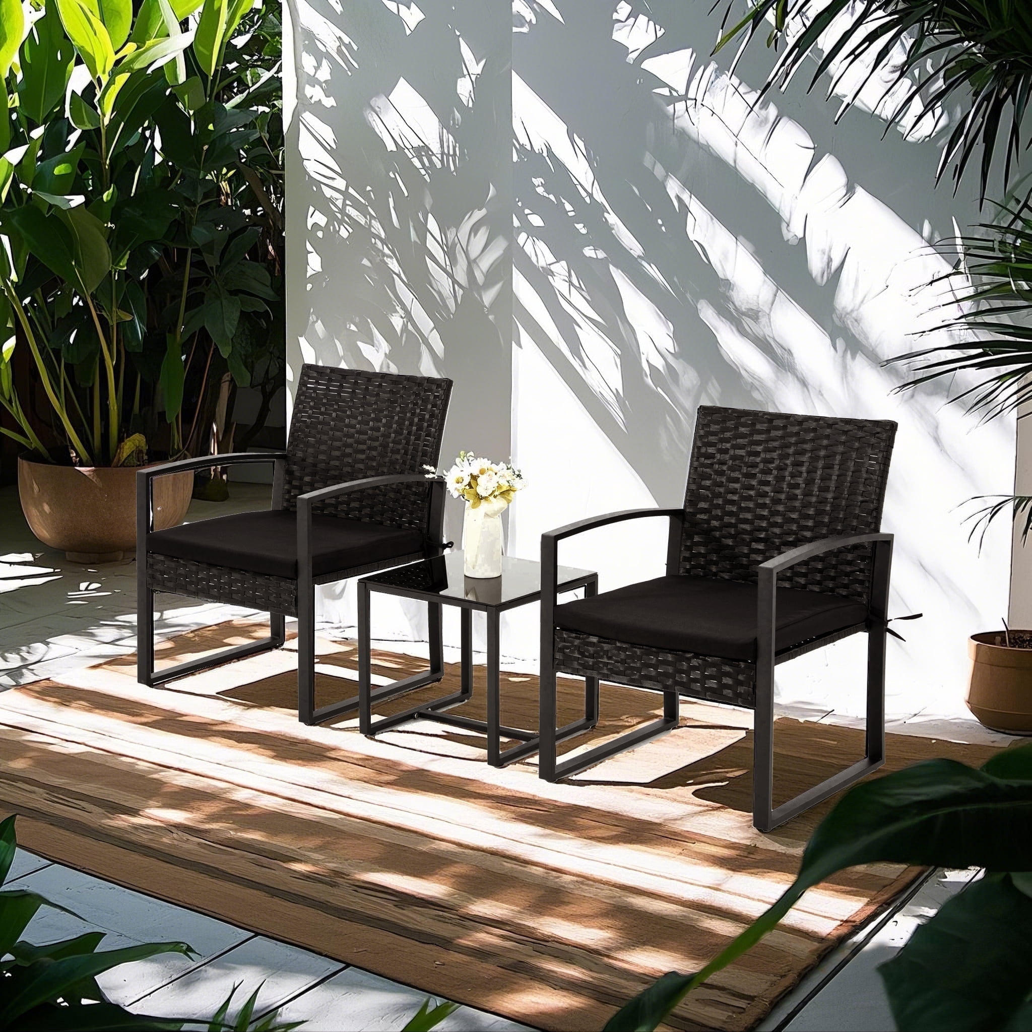Bezseller 3-Piece Patio Bistro Set, Outdoor Rattan Furniture Set with Coffee Table, Ideal for Outdoor Use, Black