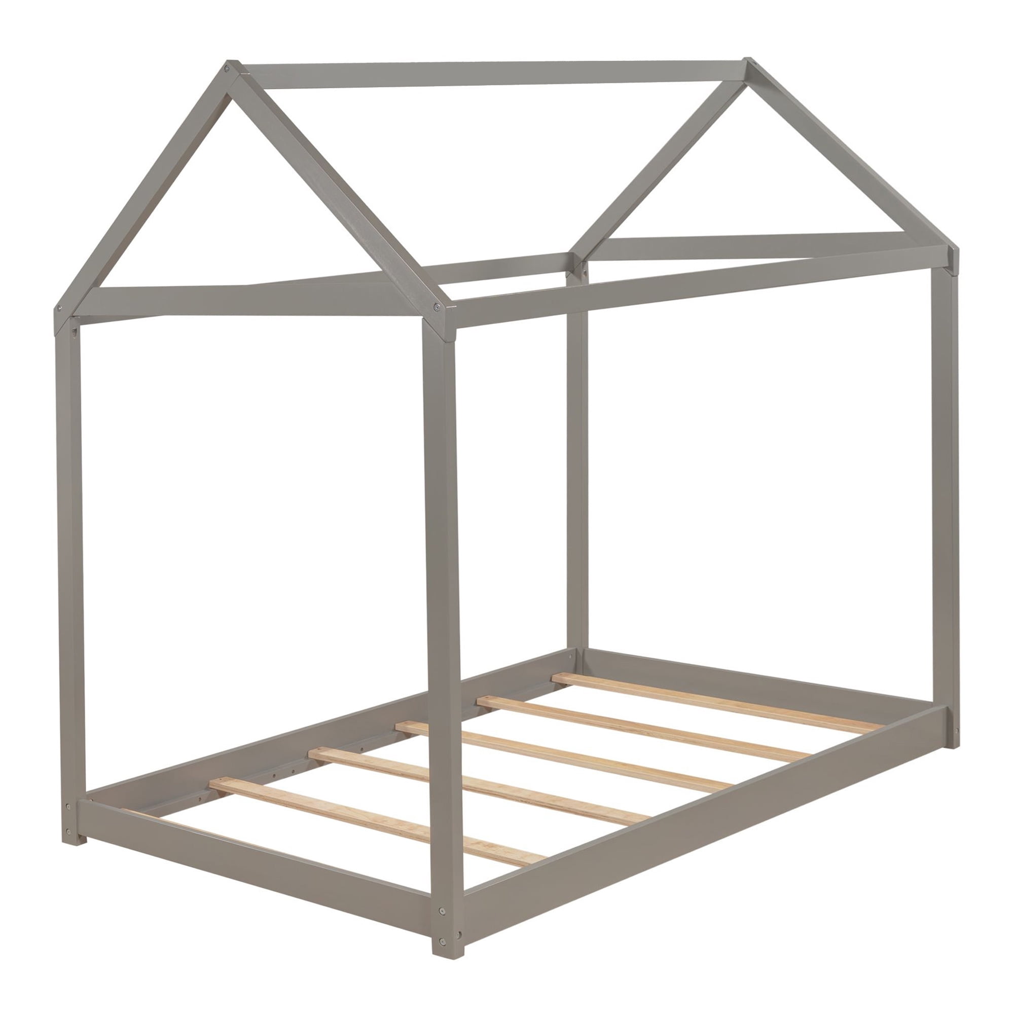 Harper & Bright Designs Twin Size Wooden House Bed with Roof, House Bed Frame Twin Size Floor Bed, Poppy House Wood Bed, Platform Bed, Can Be Decorated for Girls, Boys, Gray