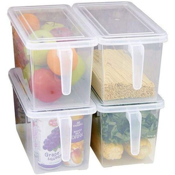 MineDecor Plastic Storage Containers Square Food Storage Organizer Stackable Refrigerator Organizer Handle Kitchen Containers with Lids for Fruits Vegetables Meat Egg (Set of 4)