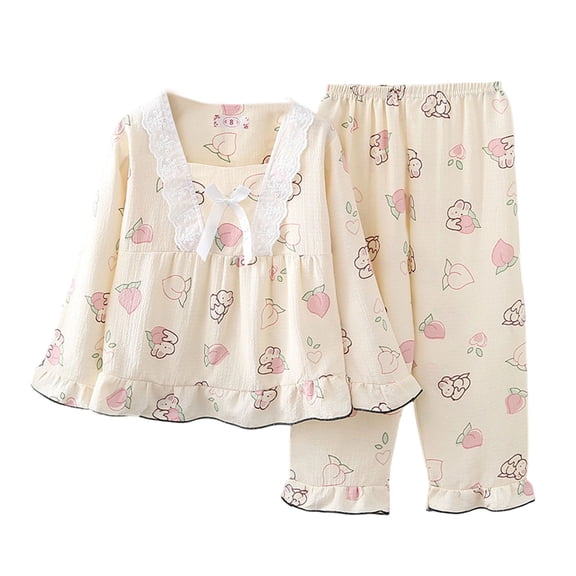 RMGVDSD Girls 2 Piece Summer Outfits Soft Cartoon Print Girls Pajamas Long Sleeve Pants Kids Sleepwear Comfortable Loungewear Clothes Sets 5-6 Years