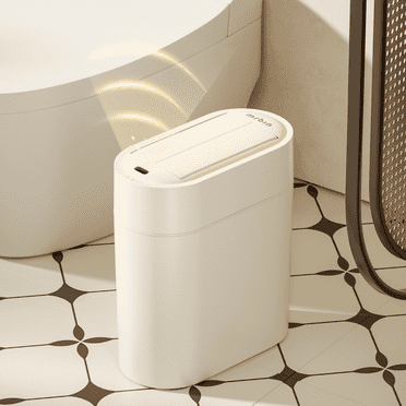 MRBIN Motion Sensor Bathroom Trash Can with Butterfly Lid, 7L / 1.8gal Touchless Automatic Slim Garbage Bin, Narrow Plastic Waste Basket for Near Desk Office, Bedroom, Rv, Cream White