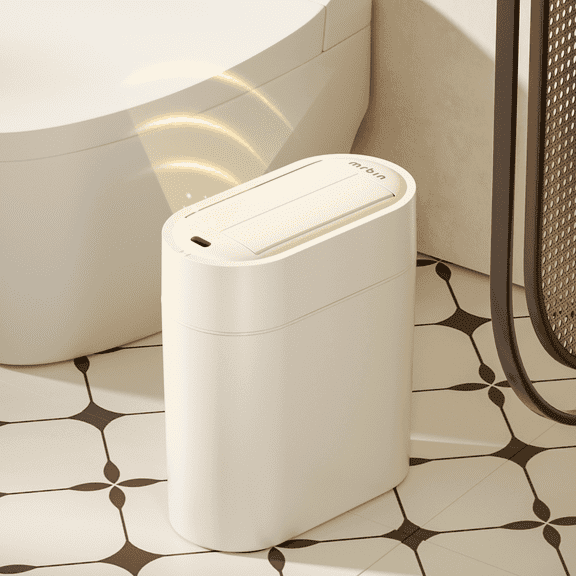 MRBIN Motion Sensor Bathroom Trash Can with Butterfly Lid, 7L / 1.8gal Touchless Automatic Slim Garbage Bin, Narrow Plastic Waste Basket for Near Desk Office, Bedroom, Rv, Cream White