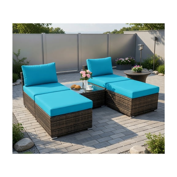 GVN Backyard Furniture Sets,Outdoor Furniture Sets,5 Pieces Patio Rattan Furniture Set with Cushioned Armless Sofa-Turquoise