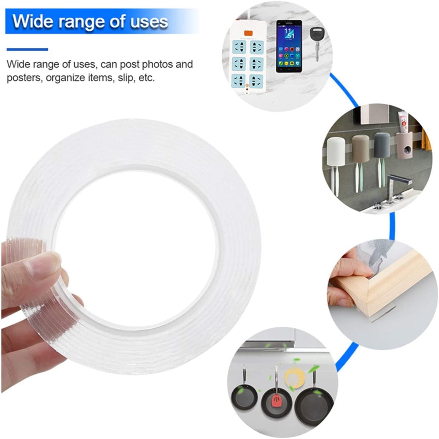 【2019 New】16.5 FT Double Sided Washable Reusable Traceless Tape Heavy Duty Tape for Paste Photos Fix Carpet Mats etc- Multipurpose Magic Nano Removable Adhesive Silicone Tape Clear 