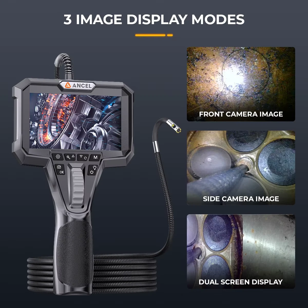 ANCEL Industrial Borescope 4.3" Snake Camera 6.5MM Endoscope, Two-Way HD Endoscope with 7 LED Lights Car Inspection Tool, IP67 Waterproof for Automotive Engine HVAC Wall and Pipe Inspection
