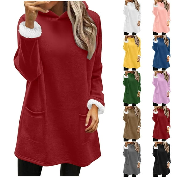 qolati Fleece Hoodies for Women Sherpa Lined Fall Winter Warm Hooded Sweater Oversized Tunic Pullover Tops with Pockets Pink XXL