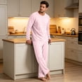 thumbnail image 5 of Dwelliawo Mens Pajama Set Pjs Sleepwear Lightweight Long Sleeve Pajama Top Elastic Waist Long Pants Soft Comfy Loungewear Pink 2xL, 5 of 6