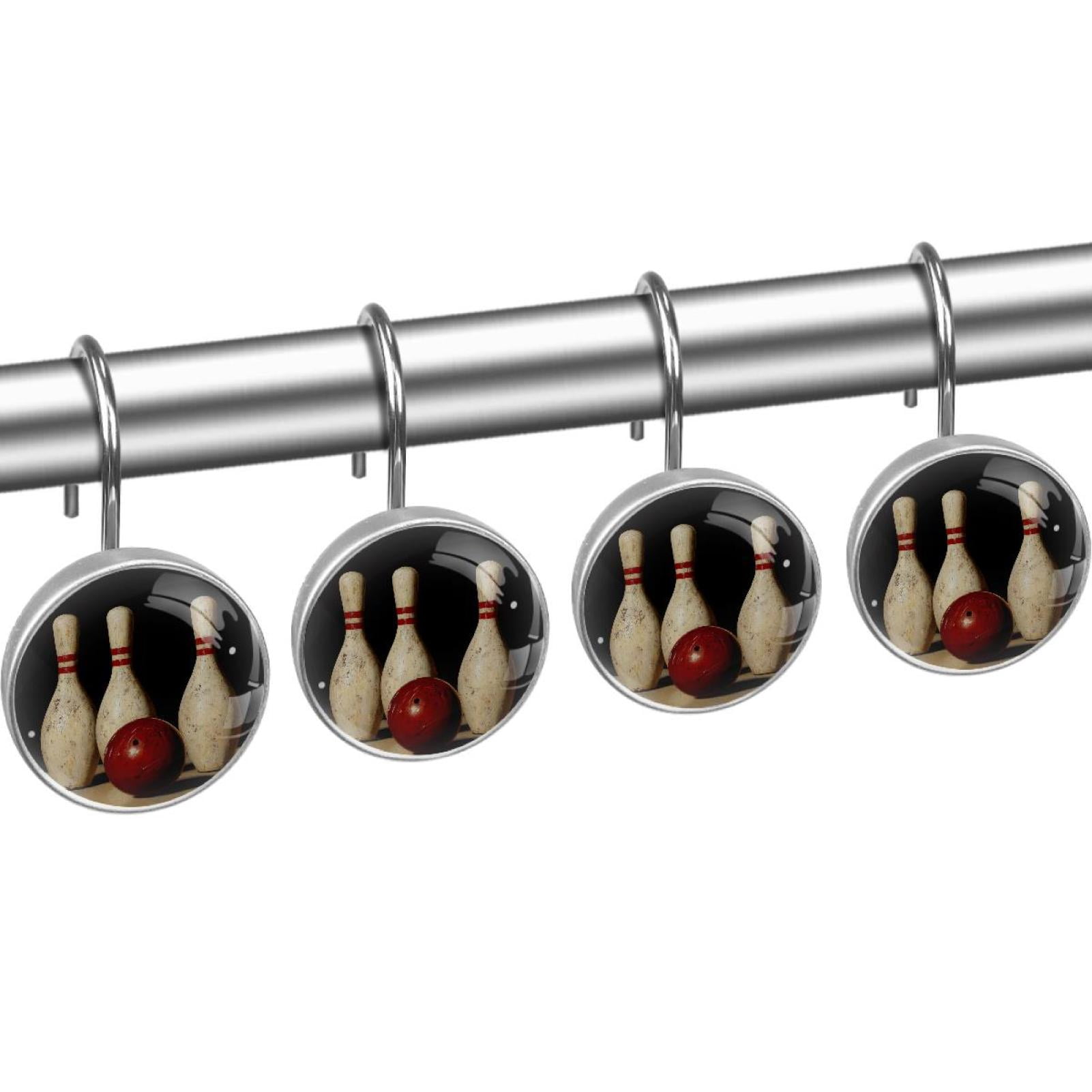Bowling Pins and Ball Shower Curtain Hooks Round Crystal Glass, Set of 12 Shower Curtain Rings - Shower Hooks for Curtain Shower Rings