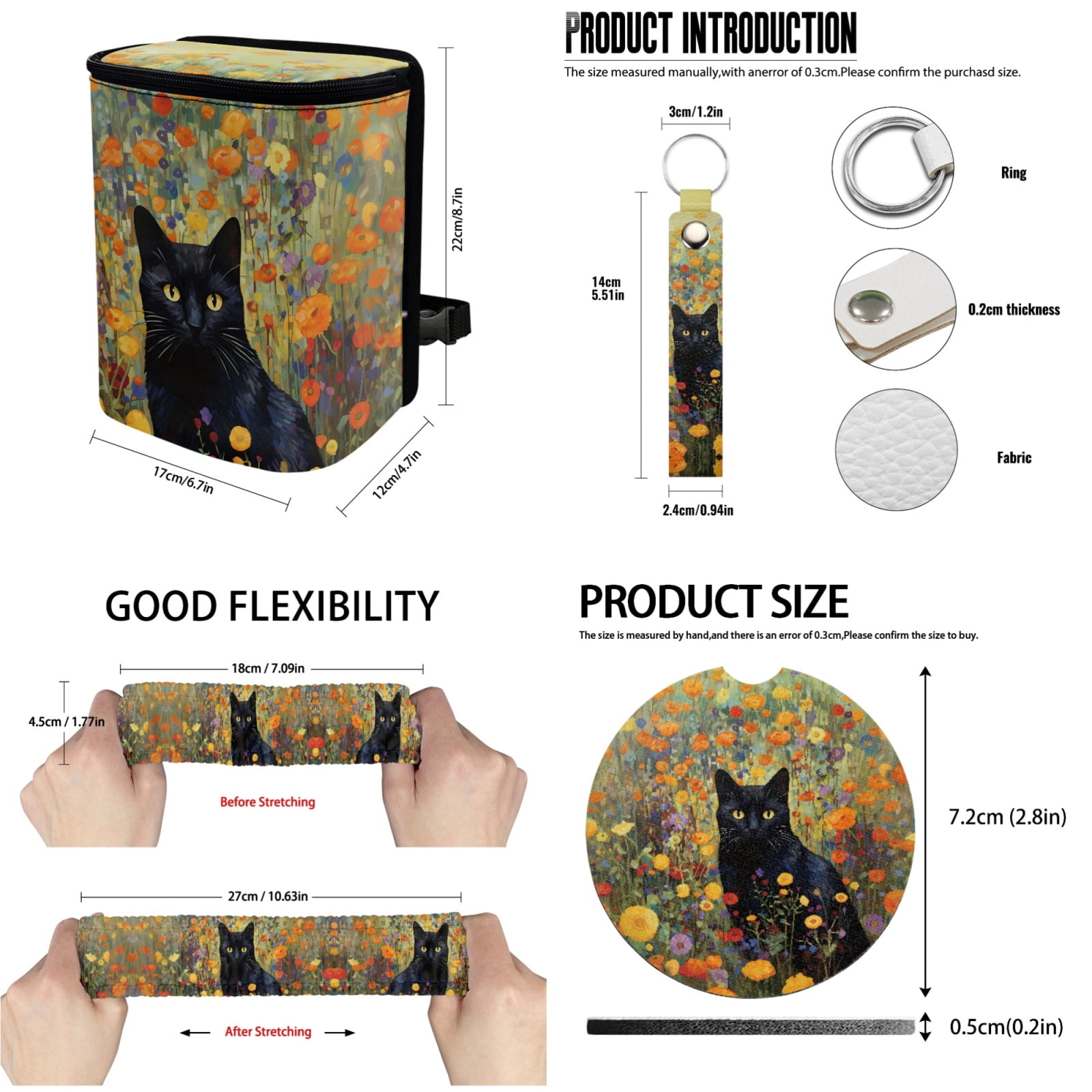 Jeiento Black Cat Car Accessories Sets 13 PCS Car Seat Protector Steering Wheel Cover Floral Seatbelt Shoulder Pad Auto Rear View Mirror Covers Coasters Keychain Lipstick Holder Interior Car Decor