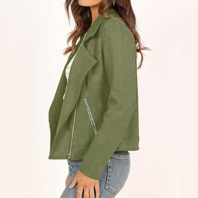 Dyegold Womens Faux Suede Jacket Teen Girls Casual Cropped Coats Women S Leather Faux Leather Jackets Coats Zipper Jacket Women Cotton Linen Vacation Halloween Olive Green Jacket Holiday Deals Walmart...