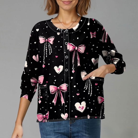 Scrub Jacket for Women Valentine's Day Funny Love Heart Printed Snap Front Long Sleeve Working Jacket Scrubs Jacket Workwear Uniforms with Pockets