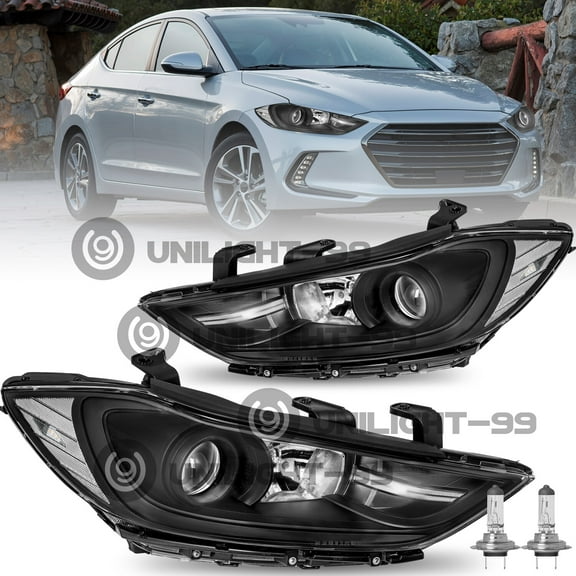 For 2017 2018 Hyundai Elantra Halogen Headlights Assembly Headlamps w/Bulbs Pair