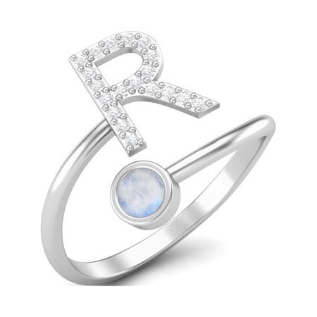 Capital R Initial Letter Moonstone Women Adjustable Front Open Valentines Day Gifts Ring 925 Sterling Silver
