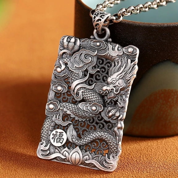 HOOUN Pure 999 Fine Silver Men Two Sides Carved Hollow Dragon Oblong Pendant 21.6g 