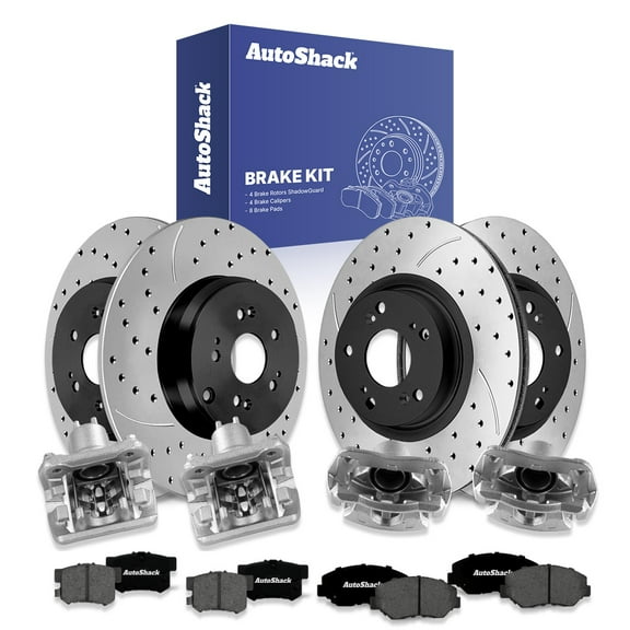 AutoShack Front Vented & Rear Solid Drilled & Slotted E-Coated Brake Rotors   Premium Ceramic Pads   Calipers 16-PC Brake Kit Replacement for 2005-2006 Honda CR-V ShadowGuard
