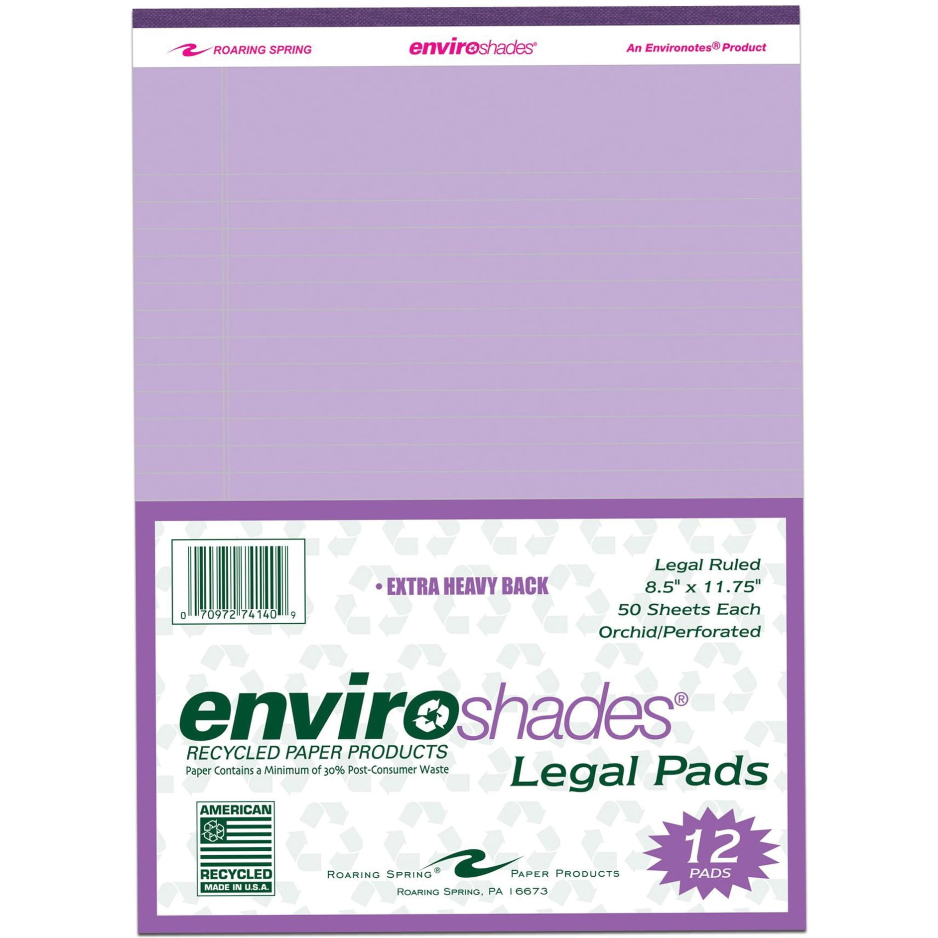 Roaring Spring Enviroshades Recycled Orchid / Purple Legal Pads, Case of 36, 50 Sheets, 8.5" x 11" 50 sheets of Legal Ruled 15# Recycled Orchid / Purple Paper Per Pad, Proudly made in USA!, Micro-Perf