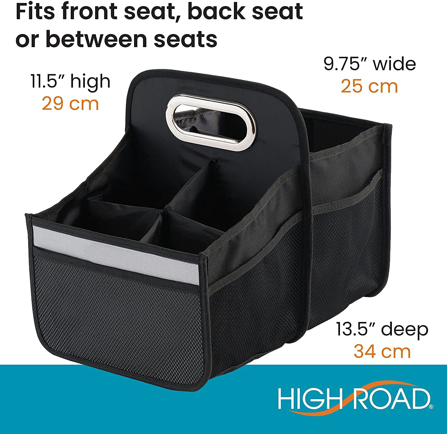 High Road Car Seat Organizer - Front Seat Organizer or Backseat Organizer With Cup Holder Dividers and Easy Carry Handle - Black
