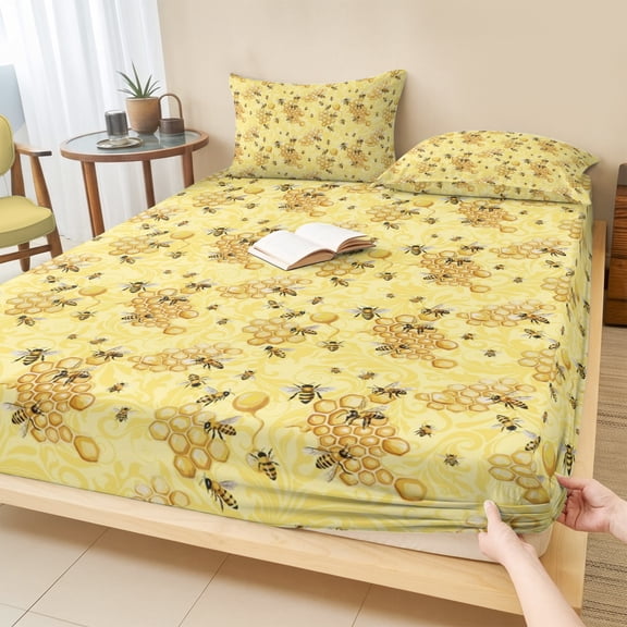 Twin Sze Fitted Sheet Set - Summer Bees 2 Piece Bedding Sets 16" Deep Pocket Fitted Sheet with 1 Pillowcase, Pastoral Garden Yellow Honey Watercolor Brushed Microfiber Hotel Luxury Bed Sheets