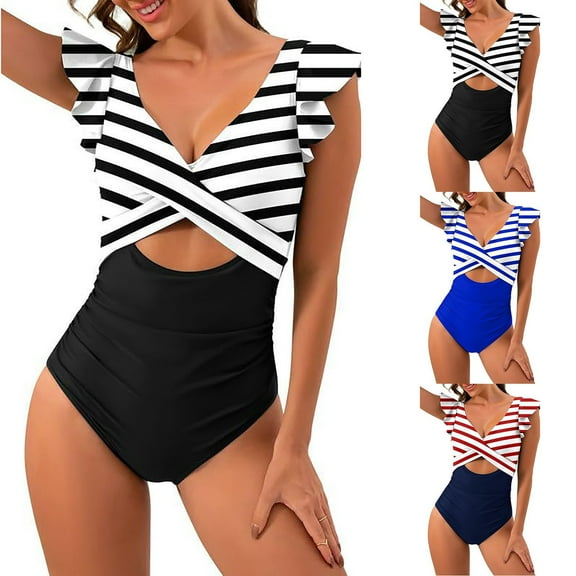 sovlvnd on Clearance Women's Plus Size V Neck Loose Cross Ruffle Sexy piece Swimsuit Summer Beach Fashionable Bathing Suit