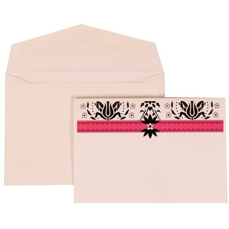 JAM Paper Wedding Invitation Set, Small, 3 3/8 x 4 3/4, Pink Card with White Envelope Blue and Pink Band, 100/pack