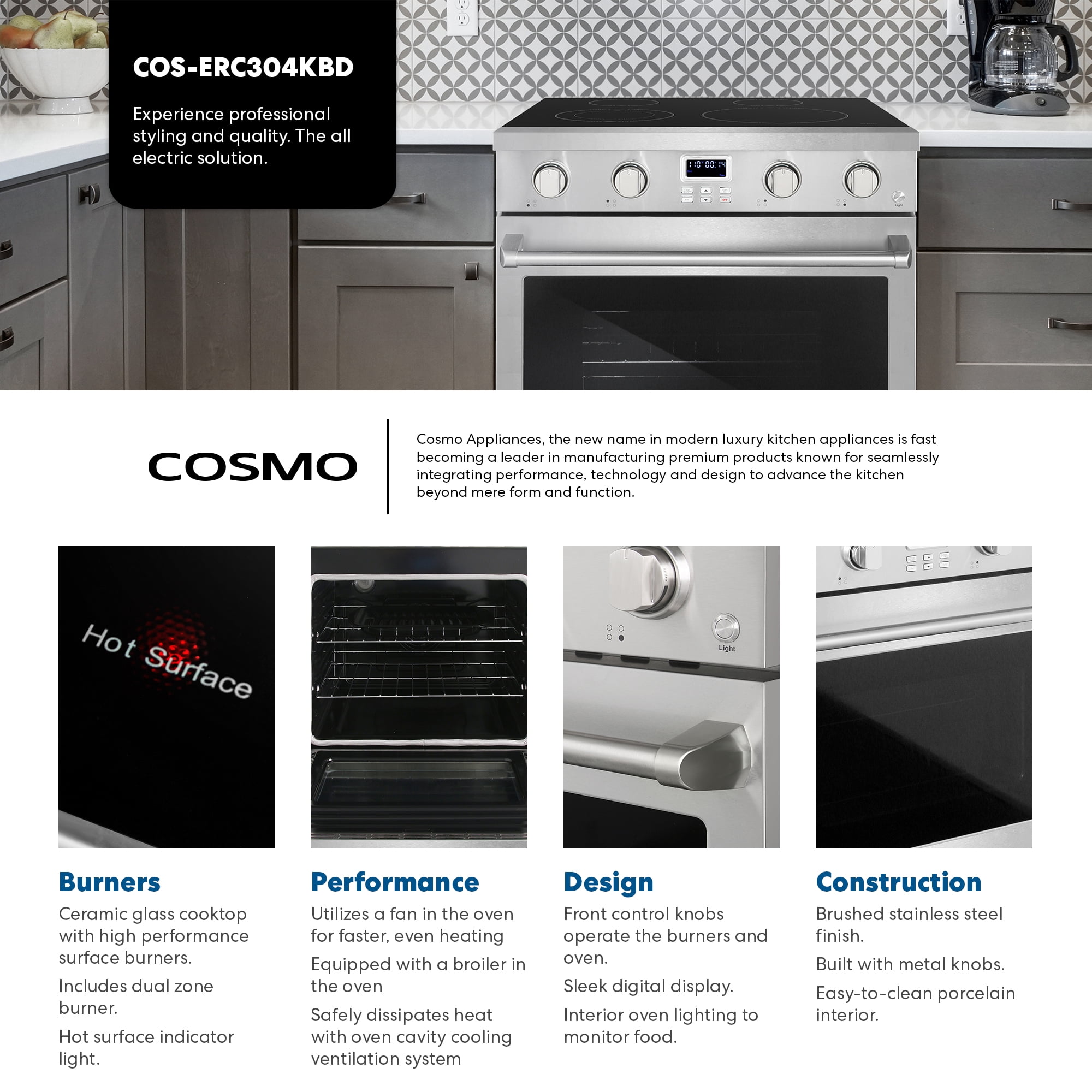 Cosmo 30 in. Haven Collection 4.8 cu. ft. Electric Range with 4 Burner Glass Cooktop and Convection Oven in Stainless Steel