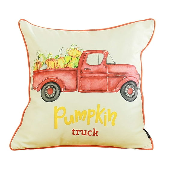 Decorative Fall Thanksgiving Single Throw Pillow Cover Red Pumpkin Truck 18 in. x 18 in. White & Red Square for Couch, Bedding