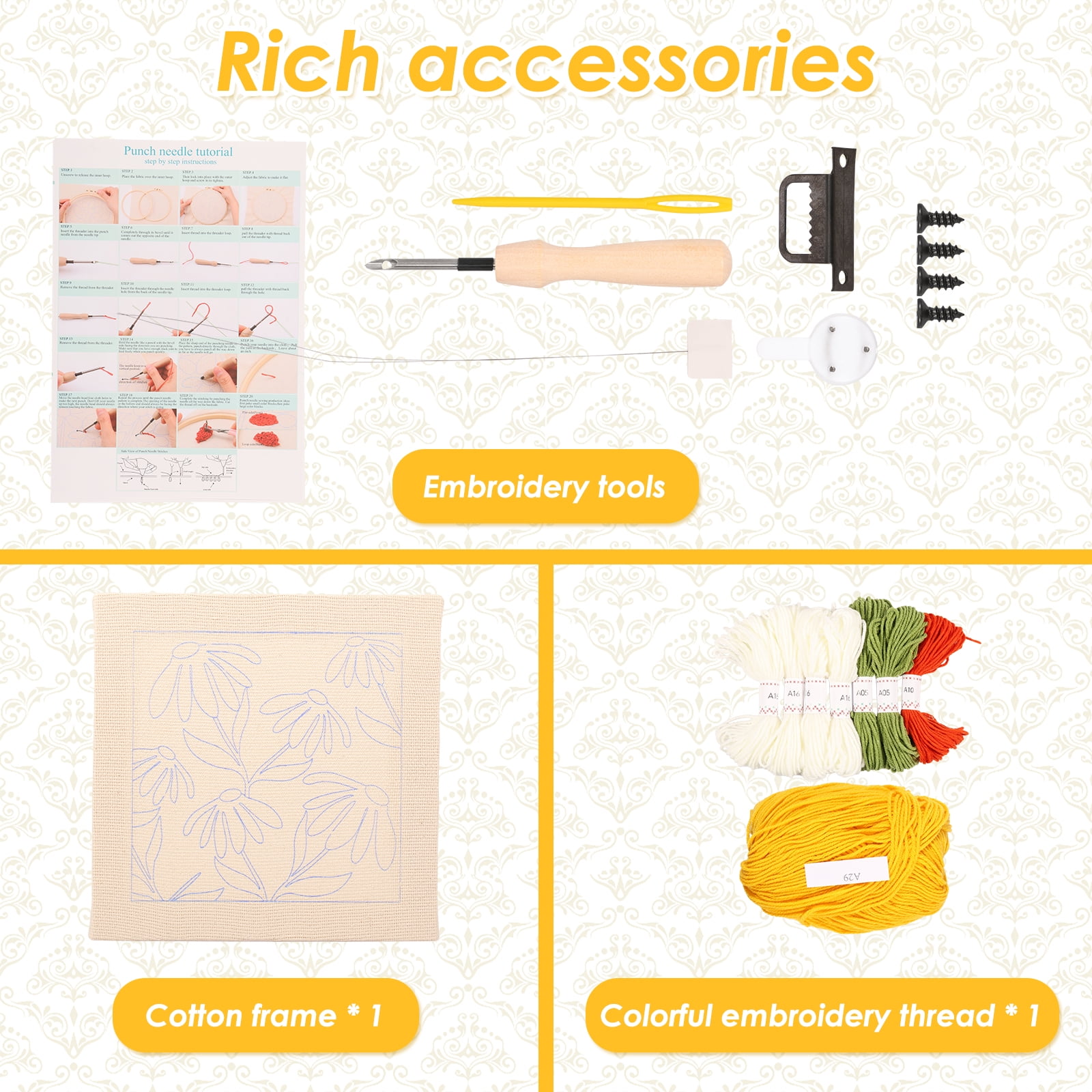 Ikoopy Punch Needle Kits for Beginner Complete Embroidery Punch Needle Starter Kit with Frame Threads DIY Embroidery Set for Adults
