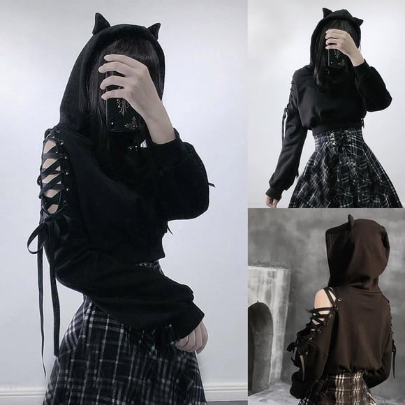 Meichang Womens Cat Ear Hoodie Sweatshirt Long Sleeve Cold Shoulder Lace up Cute Crop Top Hoodies Pullover