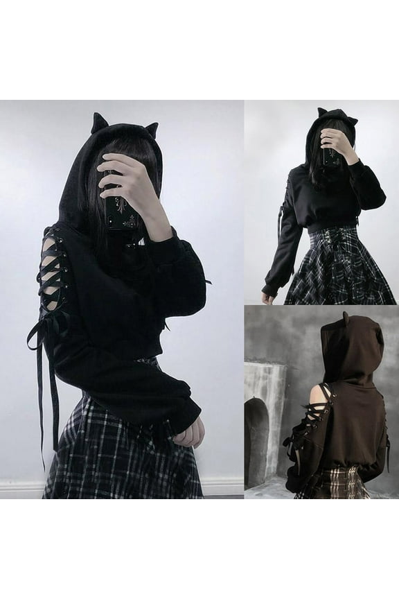 Womens Long Sleeve Cute Cat Ear Pullover Hoodie Crop Top Gothic Cold Shoulder Lace Up Y2k E-Girl Oversized Sweatshirt