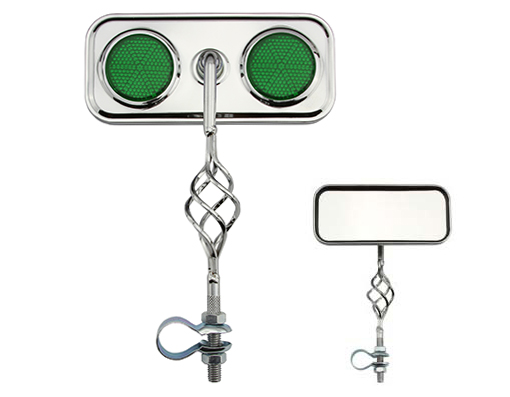 CAGE BICYCLE BIKE MIRROR CHROME WITH GREEN REFLECTOR Bike part, Bicycle part, bike accessory, bicycle part - image 1 of 1