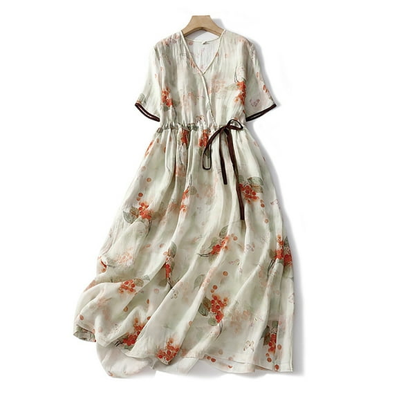 Women's Casual Round Neck Short Sleeve Flowy Dress Lightweight Breathable Polyester Solid Color Spring Summer Daily Wear Gift for Her