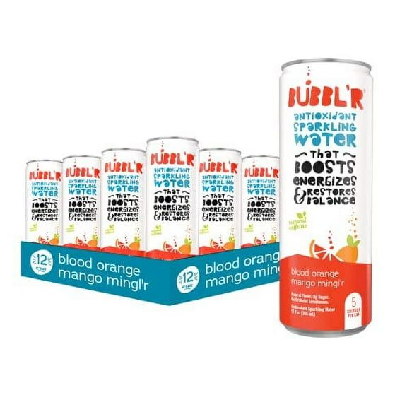 BUBBL'R blood orange mango mingl'r, Antioxidant Sparkling Water with Natural Caffeine, 0g Sugar, Gluten Free, All Natural Flavors, 12 Fl Oz Cans, 12 Count