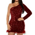 thumbnail image 2 of Njagoc3 Womens One - Shoulder Sequin Mini Dress, Feather Trim, Formal Club & Party Outfit, 2 of 6