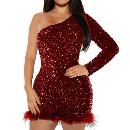 BangWanChi Sequin Dress for Womens 2024 Women s Fashion Perspective Hot Diamond Sequin Long Sleeve Feather Bag Hip Skirt Nightclub Style Party Mini Dress Wine XXL