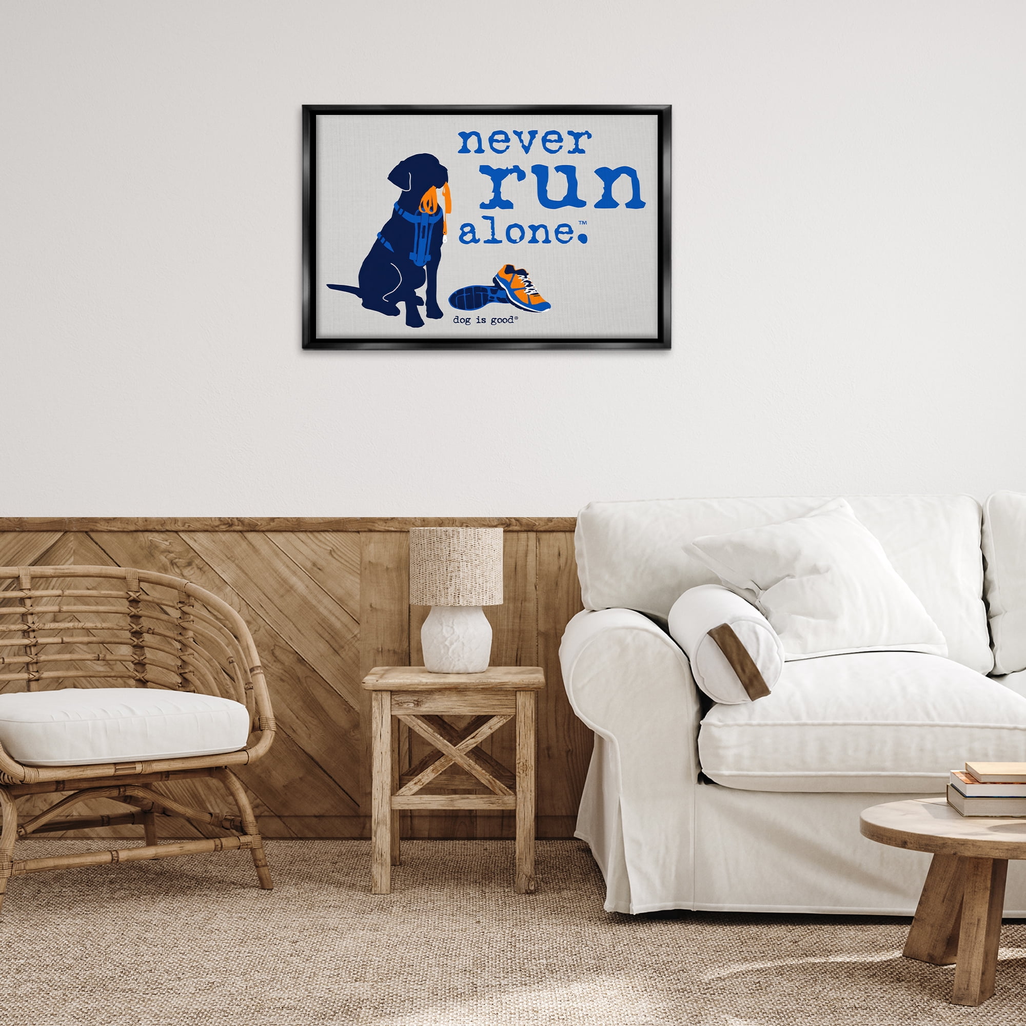 Stupell Industries Never Run Alone Dog Animals Painting Black Floater Framed Canvas Art Print Wall Art, 31 x 21